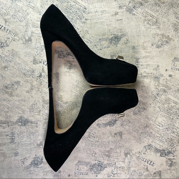 Dolce Vita Black Suede Pumps with Gold Bow Platforms - Picture 8 of 12